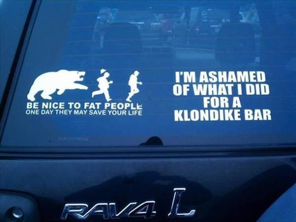 pun bumper stickers - E I'M Ashamed Of What I Did For A Klondike Bar Be Nice To Fat People One Day They May Save Your Life Revat