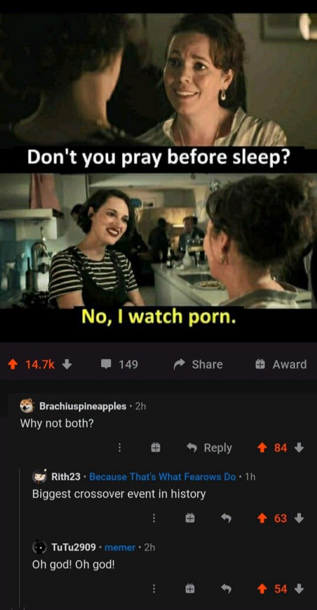 photo caption - Don't you pray before sleep? No, I watch porn. 1 149 Award Brachiuspineapples 2h Why not both? 1 84 Rith 23. Because That's What Fearows Do. 1h Biggest crossover event in history e 63 TuTu2909. memer. 2h Oh god! Oh god! 54