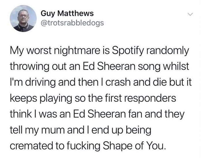 funny jokes - Ed Sheeran - Guy Matthews My worst nightmare is Spotify randomly throwing out an Ed Sheeran song whilst I'm driving and then I crash and die but it keeps playing so the first responders think I was an Ed Sheeran fan and they tell my mum and 