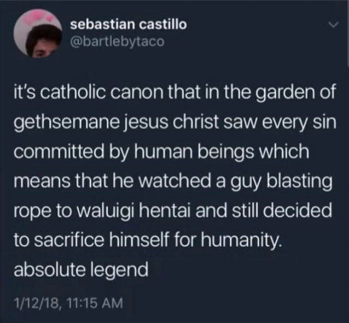 funny jokes - it's catholic canon that in the garden of gethsemane jesus christ saw every sin committed by human beings which means that he watched a guy blasting rope to waluigi hentai and still decided to sacrifice himself for