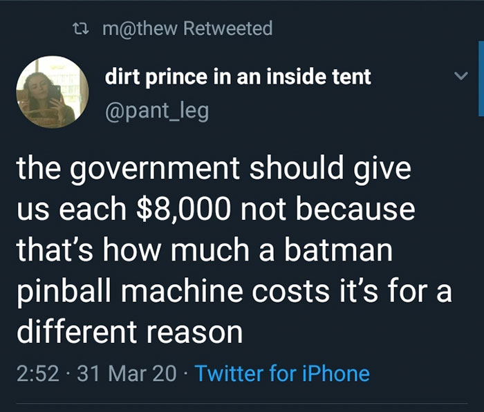 funny jokes - the government should give us each $8,000 not because that's how much a batman pinball machine costs it's for a different reason
