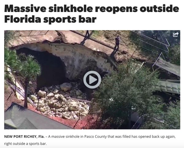 fauna - Massive sinkhole reopens outside Florida sports bar New Port Richey, Fla. A massive sinkhole in Pasco County that was filled has opened back up again, right outside a sports bar.