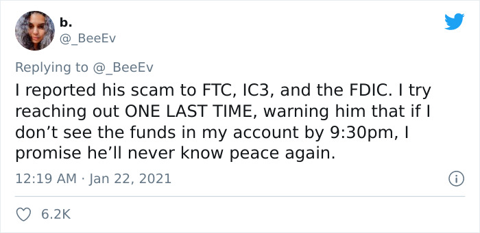 paper - b. I reported his scam to Ftc, IC3, and the Fdic. I try reaching out One Last Time, warning him that if I don't see the funds in my account by pm, I promise he'll never know peace again.