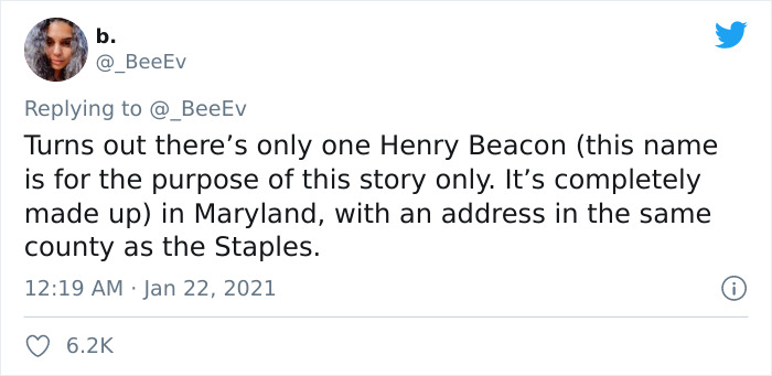 paper - b. Turns out there's only one Henry Beacon this name is for the purpose of this story only. It's completely made up in Maryland, with an address in the same county as the Staples.