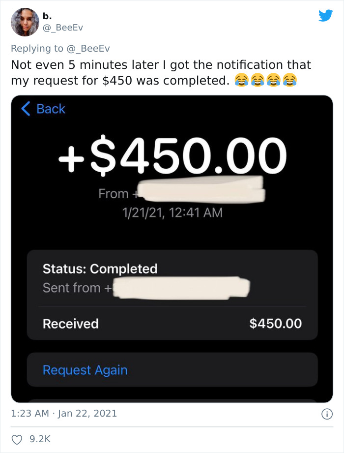 cash icon - b. Not even 5 minutes later I got the notification that my request for $450 was completed. Back $450.00 From 12121, Status Completed Sent from Received $450.00 Request Again
