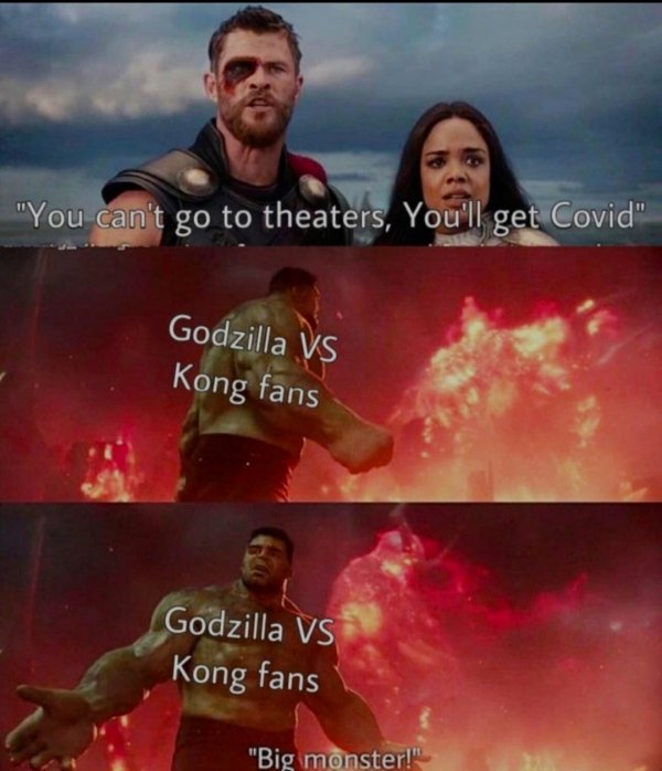 disappointed marvel meme - "You can't go to theaters, You'll get Covid" Godzilla Vs Kong fans Godzilla Vs Kong fans "Big monster!"