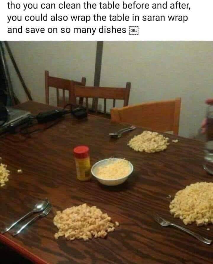 dish - tho you can clean the table before and after, you could also wrap the table in saran wrap and save on so many dishes ce