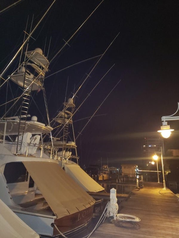 What are these long tall poles on the back of all these boats?

A: Outriggers to get lines off the sides of boat.