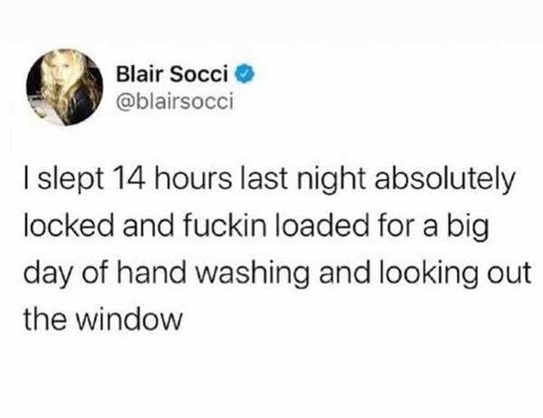 funny 2021 memes - I slept 14 hours last night absolutely locked and fuckin loaded for a big day of hand washing and looking out the window