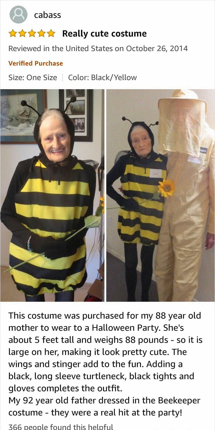 funny amazon reviews - Really cute costume - This costume was purchased for my 88 year old mother to wear to a Halloween Party. She's about 5 feet tall and weighs 88 pounds so it