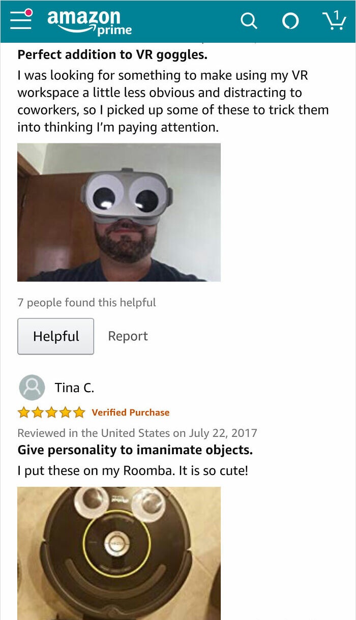 funny amazon reviews - amazon prime Perfect addition to Vr goggles. I was looking for something to make using my Vr workspace a little less obvious and distracting to coworkers, so I picked up some of these to trick them into thinking I'm paying attention