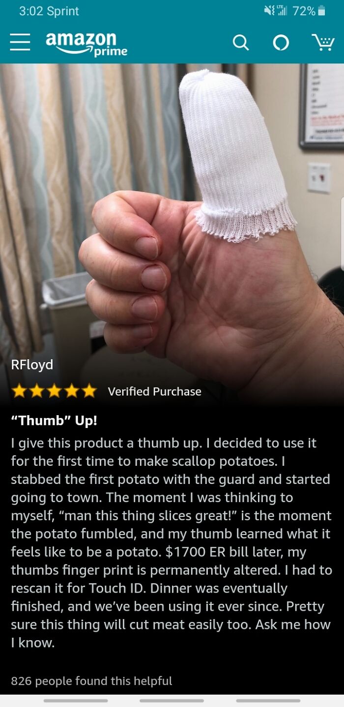 funny amazon reviews - thumb up - bandaged thumb injury