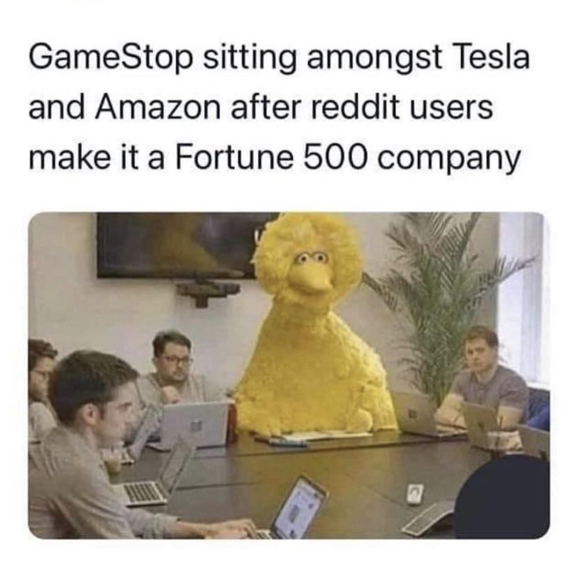 funny memes - GameStop sitting amongst Tesla and Amazon after reddit users make it a Fortune 500 company