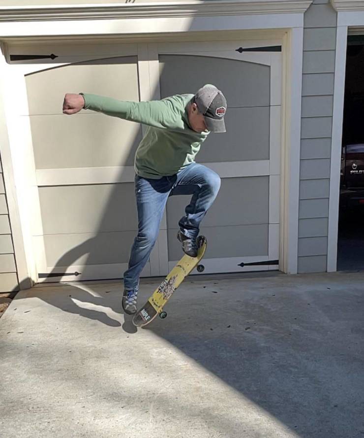 cool pics - 45 year-old man does ollie on a skateboard
