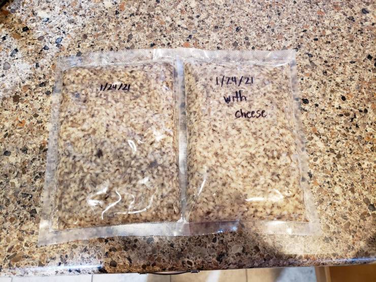 cool pics - bags of mushroom risotto that blend in with granite counter