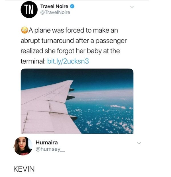 funny tweets - A plane was forced to make an abrupt turnaround after a passenger realized she forgot her baby at the terminal - Kevin home alone movie
