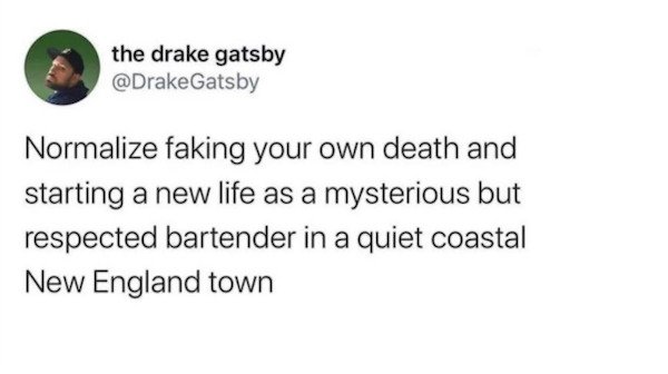 funny tweets - Normalize faking your own death and starting a new life as a mysterious but respected bartender in a quiet coastal New England town