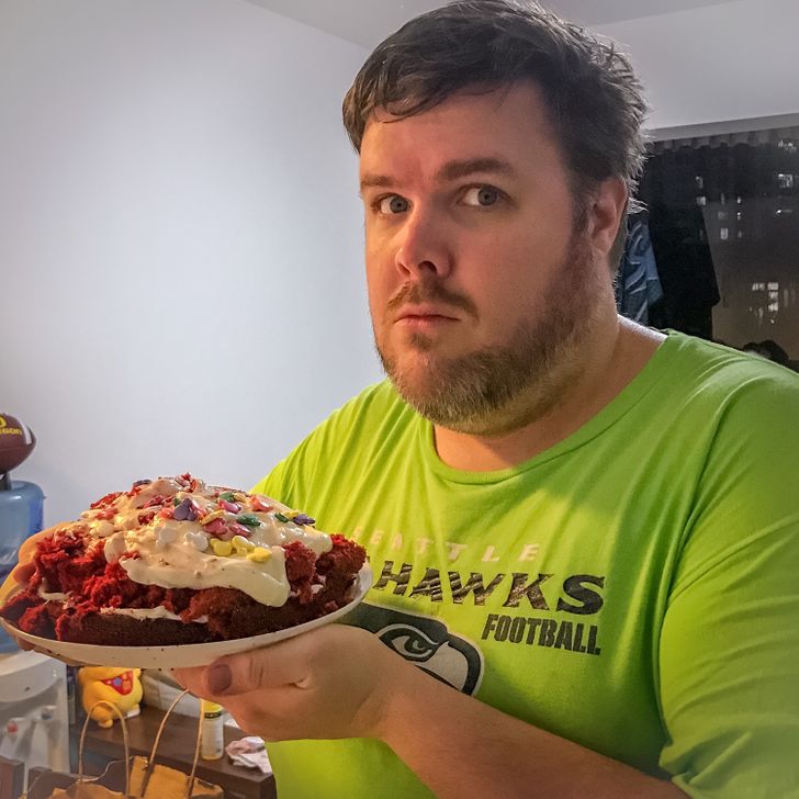 funny relationship pics - fat man eating gross looking pile of cake