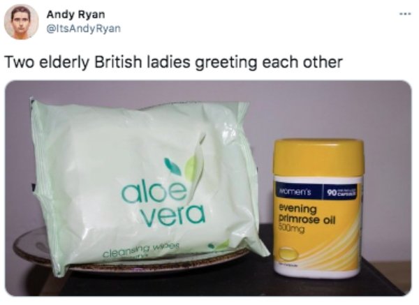 cream - Andy Ryan Ryan Two elderly British ladies greeting each other aloe vera Momen's 90 evening primrose Oil so0mg cleansing wees