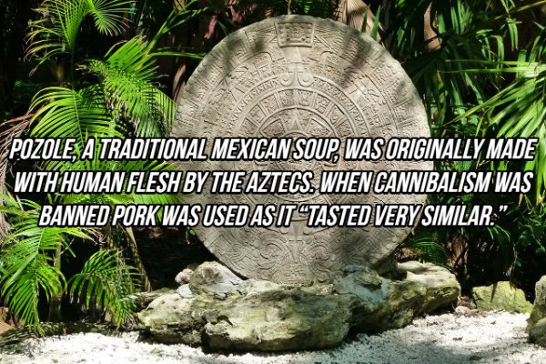 Pozole, A Traditional Mexican Soup, Was Originally Made With Human Flesh By The Aztecs. When Cannibalism Was Banned Pork Was Used As It Tasted Very Similar."