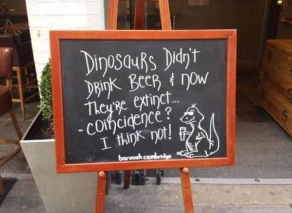 blackboard - Dinosaurs Didn't Drink Beer now They're extinct... coincidence ? I think not! baroosh cambridge