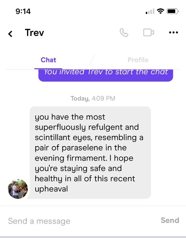 screenshot - Trev Chat Profile You invited Trev to start the chat Today, you have the most superfluously refulgent and scintillant eyes, resembling a pair of paraselene in the evening firmament. I hope you're staying safe and healthy in all of this recent