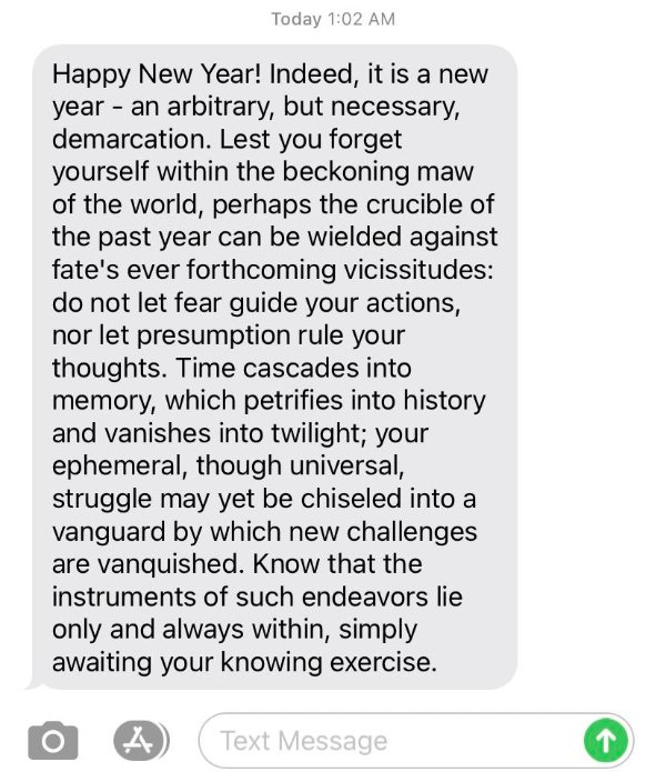 document - Today Happy New Year! Indeed, it is a new year an arbitrary, but necessary, demarcation. Lest you forget yourself within the beckoning maw of the world, perhaps the crucible of the past year can be wielded against fate's ever forthcoming viciss