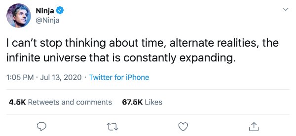document - Ninja I can't stop thinking about time, alternate realities, the infinite universe that is constantly expanding. . Twitter for iPhone and