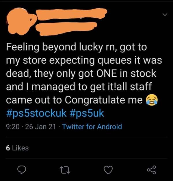 screenshot - Feeling beyond lucky rn, got to my store expecting queues it was dead, they only got One in stock and I managed to get it!all staff came out to Congratulate me 26 Jan 21 Twitter for Android 6 of