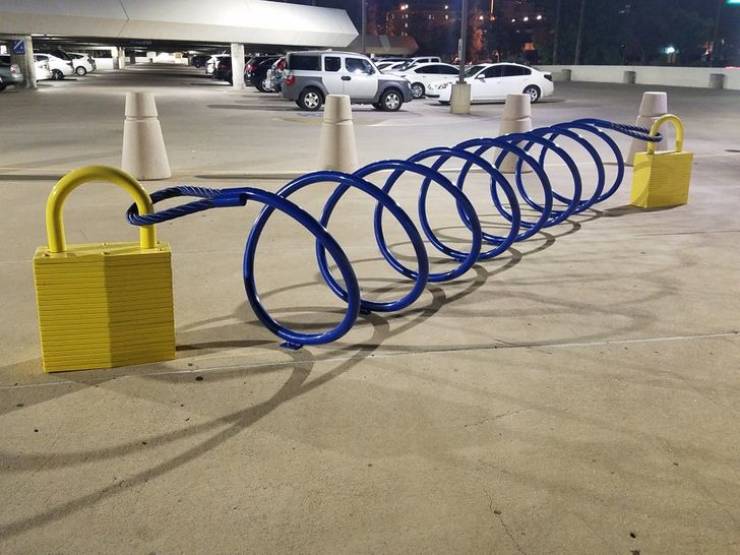 “The bike rack at this library looks like a cable and locks.”