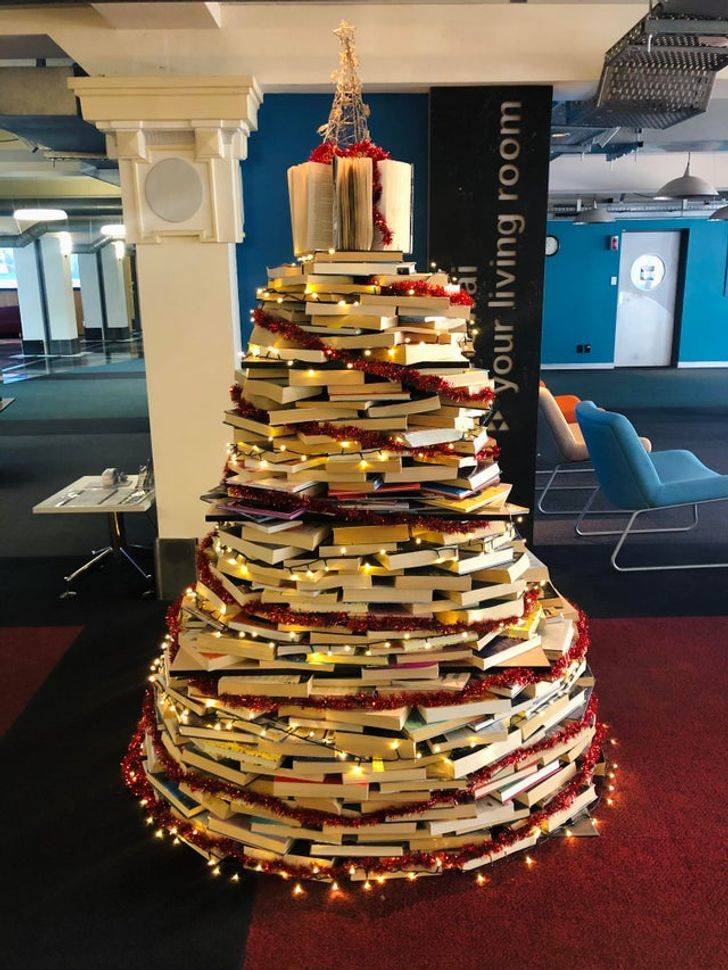 “Our town library made a Christmas tree out of books.”