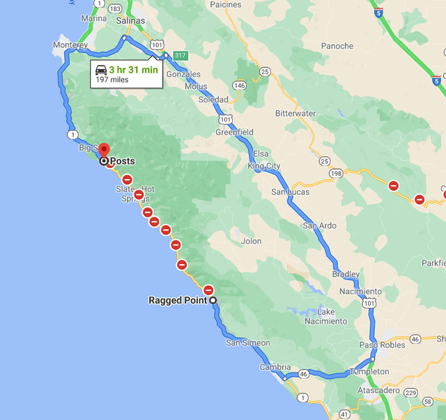 A part of Highway 1 fell into the ocean, so a 45-mile drive turned into a 200-mile drive.