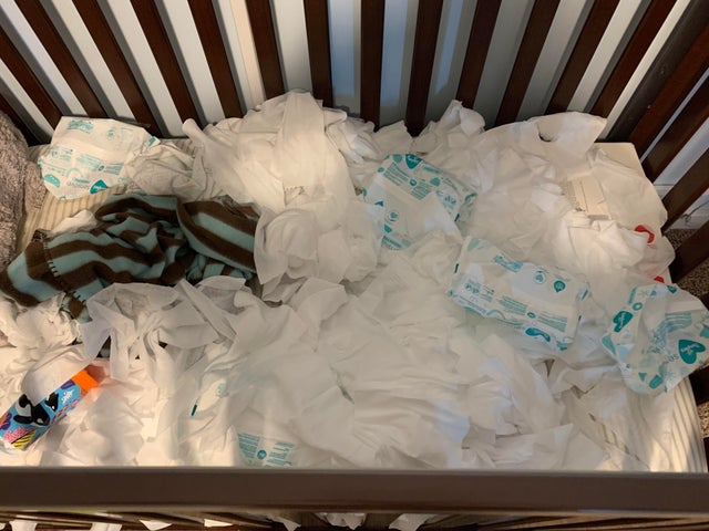 4 year old gave my 1 year old bags of baby wipes while we were still asleep. 5 bags worth.