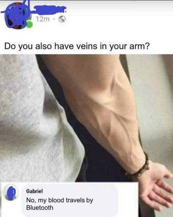 do you also have veins in your arms meme - 12m Do you also have veins in your arm? Gabriel No, my blood travels by Bluetooth