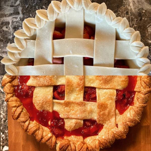 "[Homemade] Strawberry rhubarb pie, before and after baking"