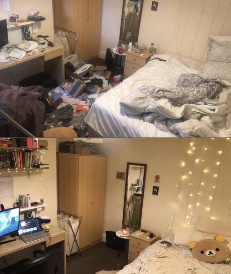 "Before and After of deep cleaning my room after my depression slump"