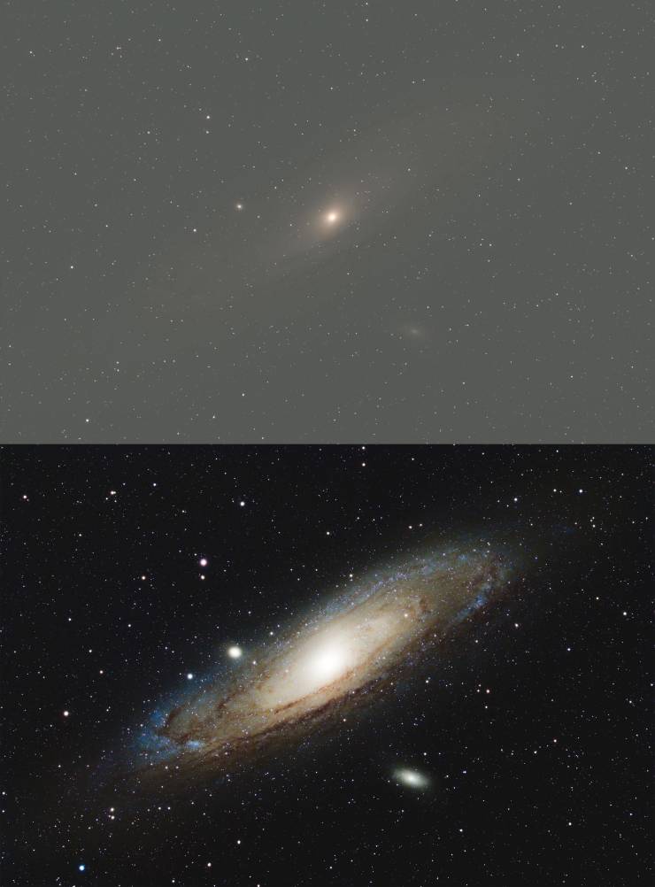 "Before and after processing of the Andromeda Galaxy from my backyard"