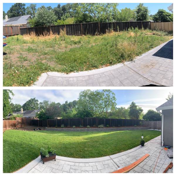 "Before and after of my marathon of a backyard project."