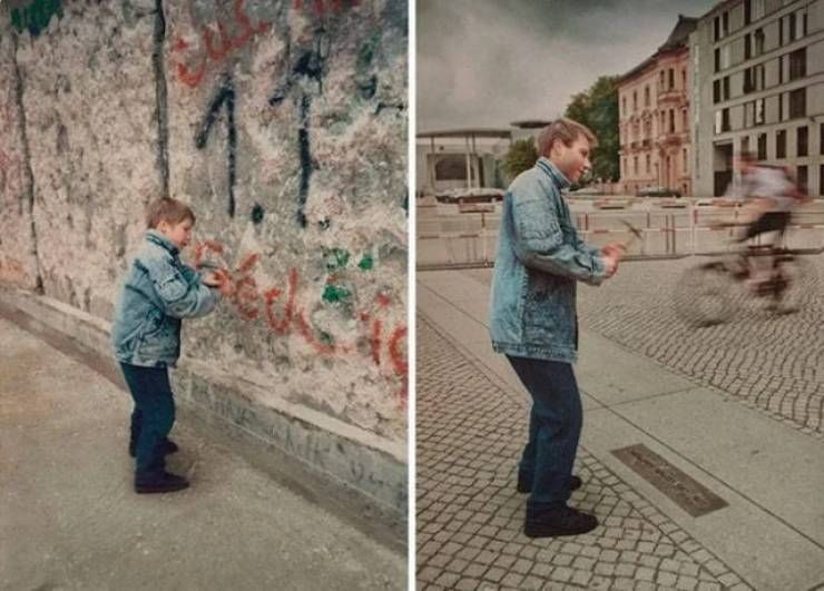 "Picture taken before and after destruction of Berlin Wall"