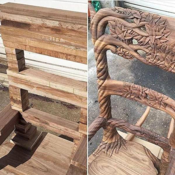 "Wooden chair, before and after"