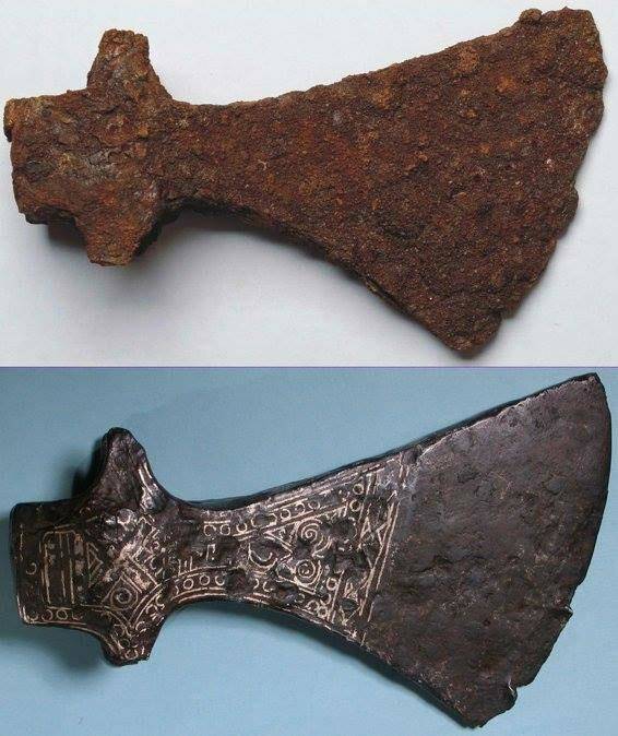 "Viking axe before and after restoration"