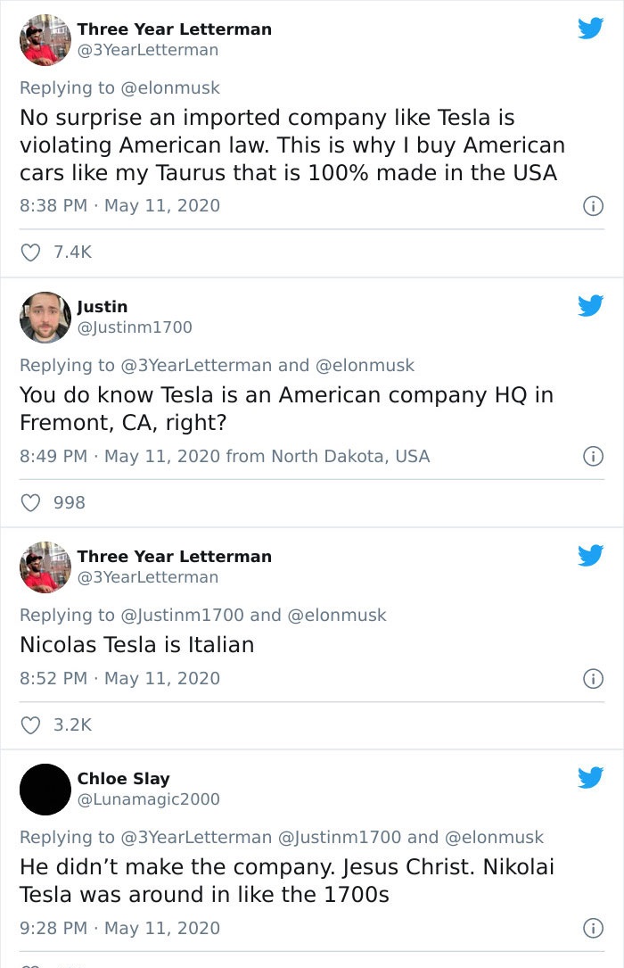 document - Three Year Letterman No surprise an imported company Tesla is violating American law. This is why I buy American cars my Taurus that is 100% made in the Usa Justin and You do know Tesla is an American company Hq in Fremont, Ca, right? from Nort