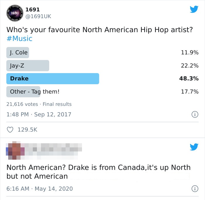 web page - 1691 1691 Who's your favourite North American Hip Hop artist? J. Cole 11.9% JayZ 22.2% Drake 48.3% Other Tag them! 17.7% 21,616 votes. Final results North American? Drake is from Canada,it's up North but not American