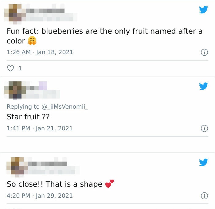 screenshot - Fun fact blueberries are the only fruit named after a color 1 Star fruit ?? So close!! That is a shape