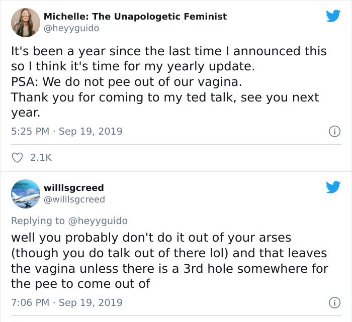 document - Michelle The Unapologetic Feminist It's been a year since the last time I announced this so I think it's time for my yearly update. Psa We do not pee out of our vagina. Thank you for coming to my ted talk, see you next year. willlsgcreed well y