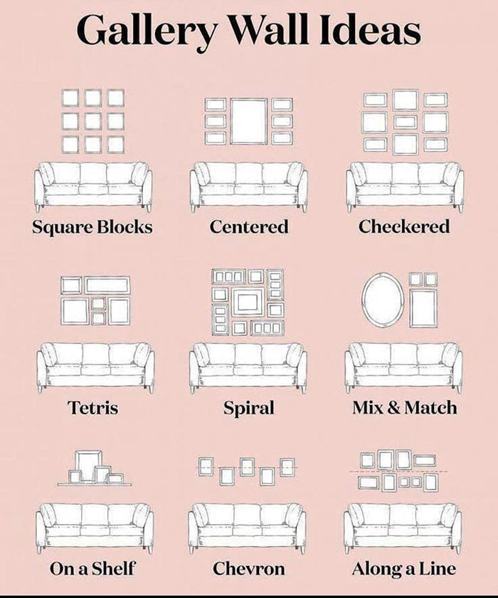 cool infographics - Gallery Wall Ideas Square Blocks Centered Checkered Tetris Spiral Mix & Match On a Shelf Along a Line
