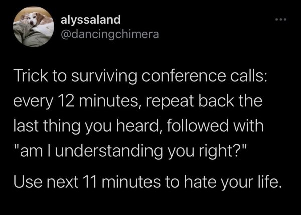 atmosphere - alyssaland Trick to surviving conference calls every 12 minutes, repeat back the last thing you heard, ed with "am I understanding you right?" Use next 11 minutes to hate your life.