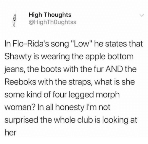 funny facts - In FloRida's song low he states that shawty is wearing the apple bottom jeans, the boots with the fur and the reeboks with the straps, what is she some kind of four legged morph woman? In all honesty I'm not surprised the whole club was look