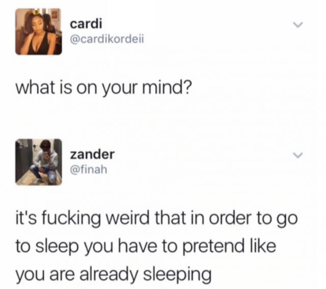 funny facts - what is on your mind? - it's fucking weird that in order to go to sleep you have to pretend you are already sleeping