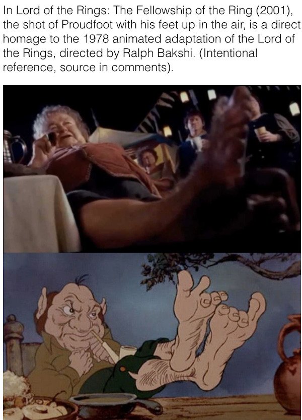 cool movie facts - In Lord of the Rings The Fellowship of the Ring 2001, the shot of Proudfoot with his feet up in the air, is a direct homage to the 1978 animated adaptation of the Lord of the Rings, directed by Ralph Bakshi. Intentional reference, sourc
